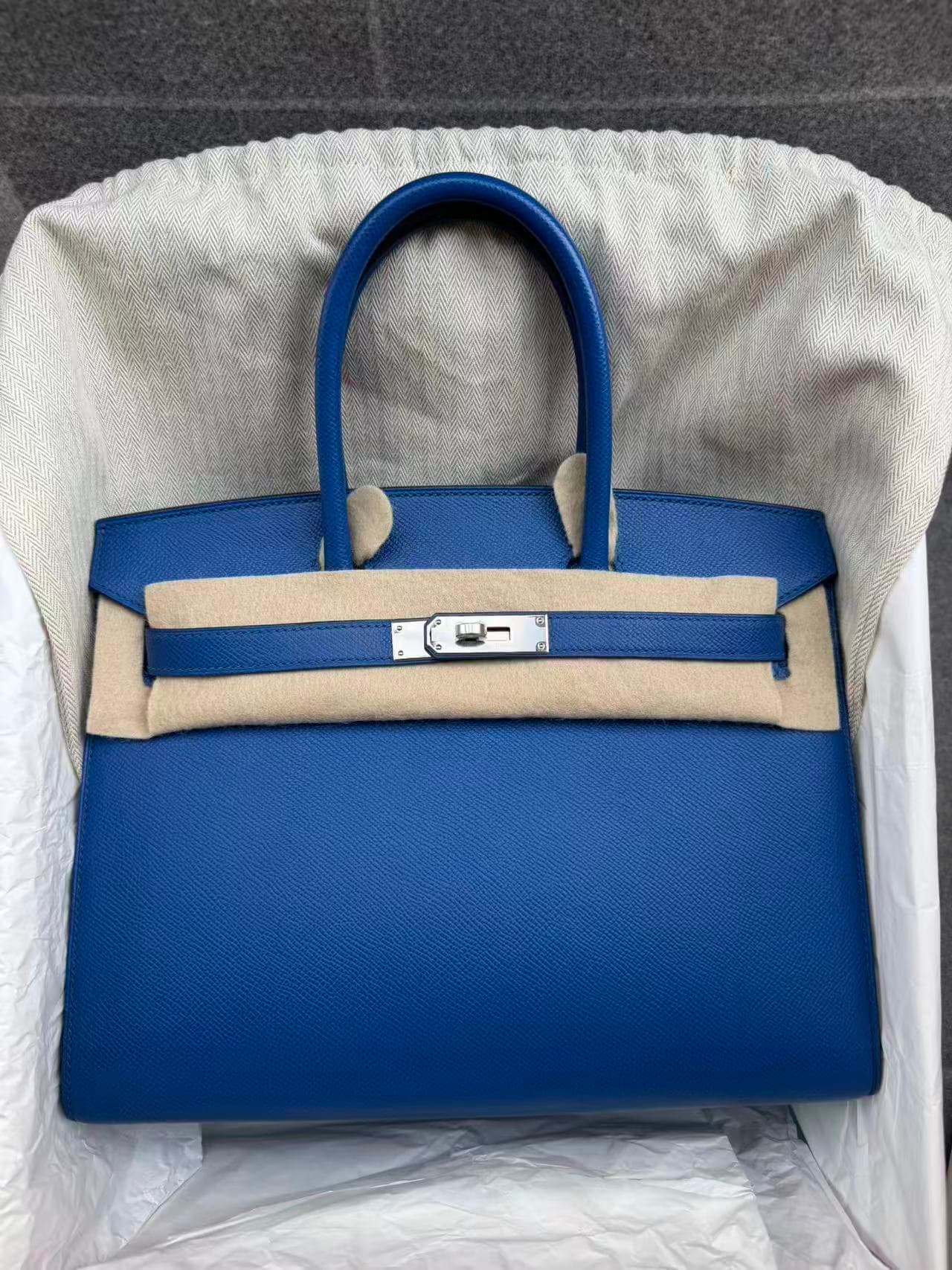 Hermès Birkin 30 in Blue France Epsom Palladium (PHW) hardware — front view