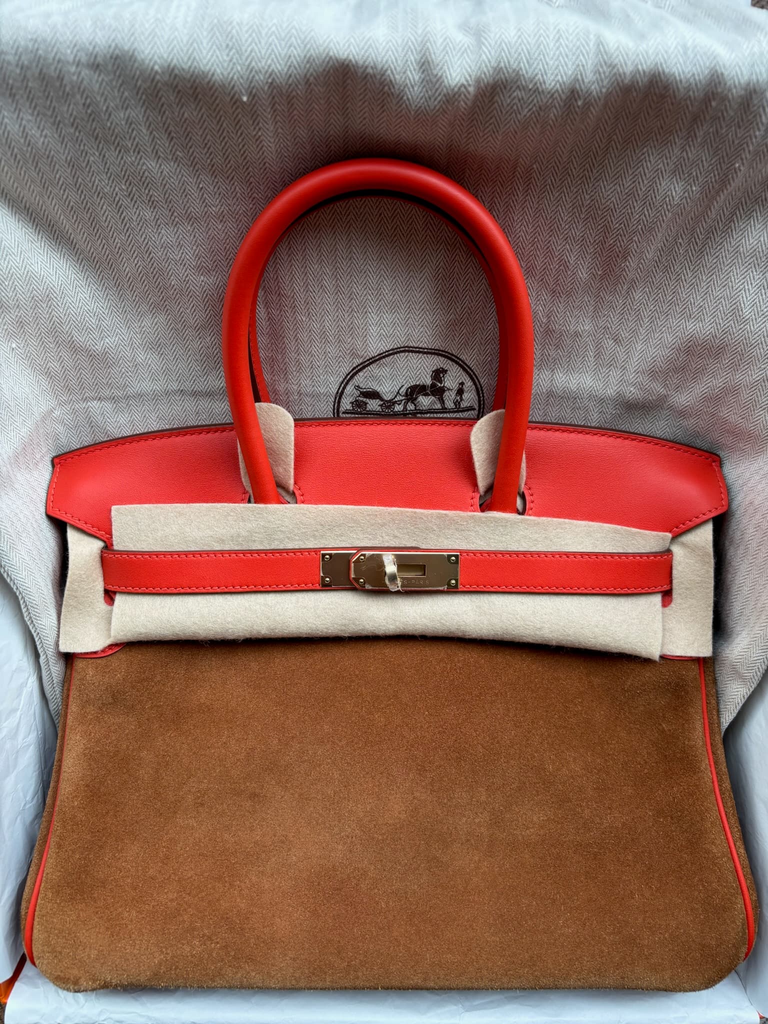 Hermès Birkin 30 in Capucine/Gold Grizzly/Swift Palladium (PHW) hardware — front view