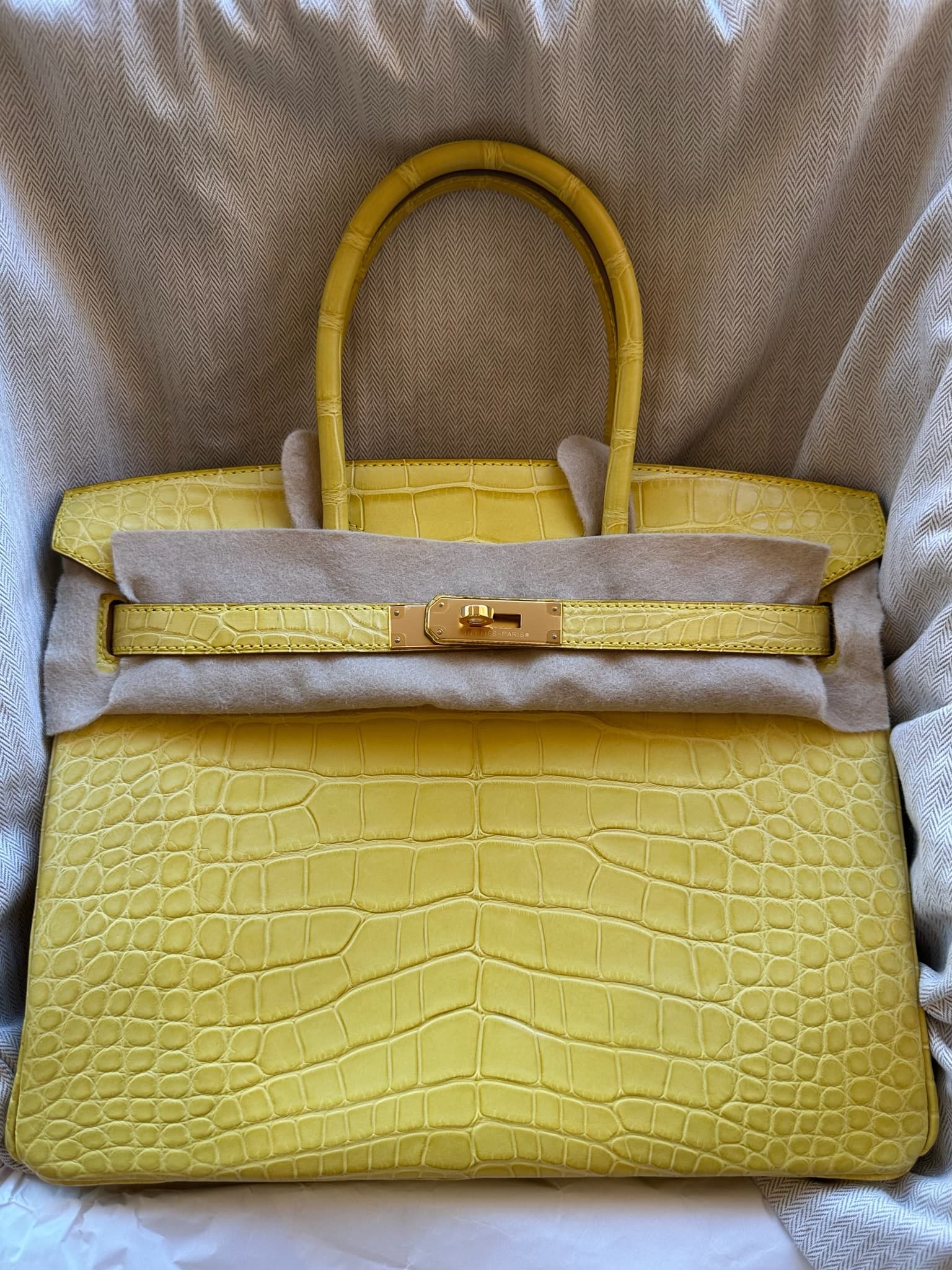 Hermès Birkin 30 in Mimosa Matte Alligator Gold (GHW) hardware — front view
