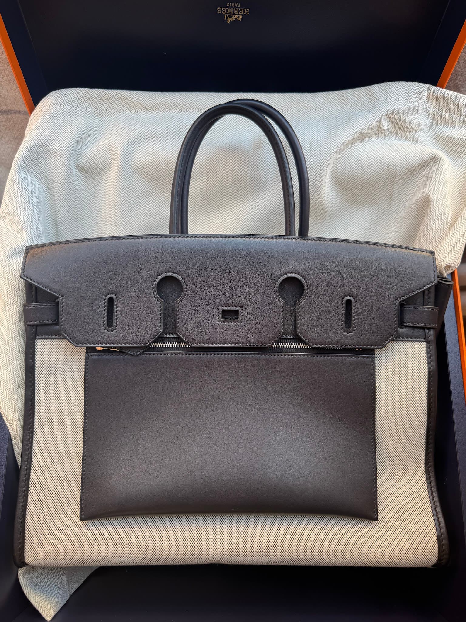 Hermès Birkin 35 in Black Toile Palladium (PHW) hardware — front view