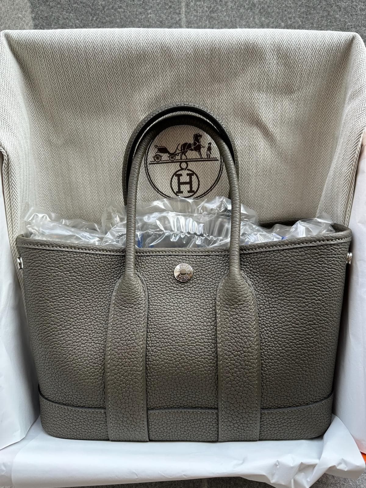 Hermès Garden Party in Vert Loden Negonda Palladium (PHW) hardware — front view