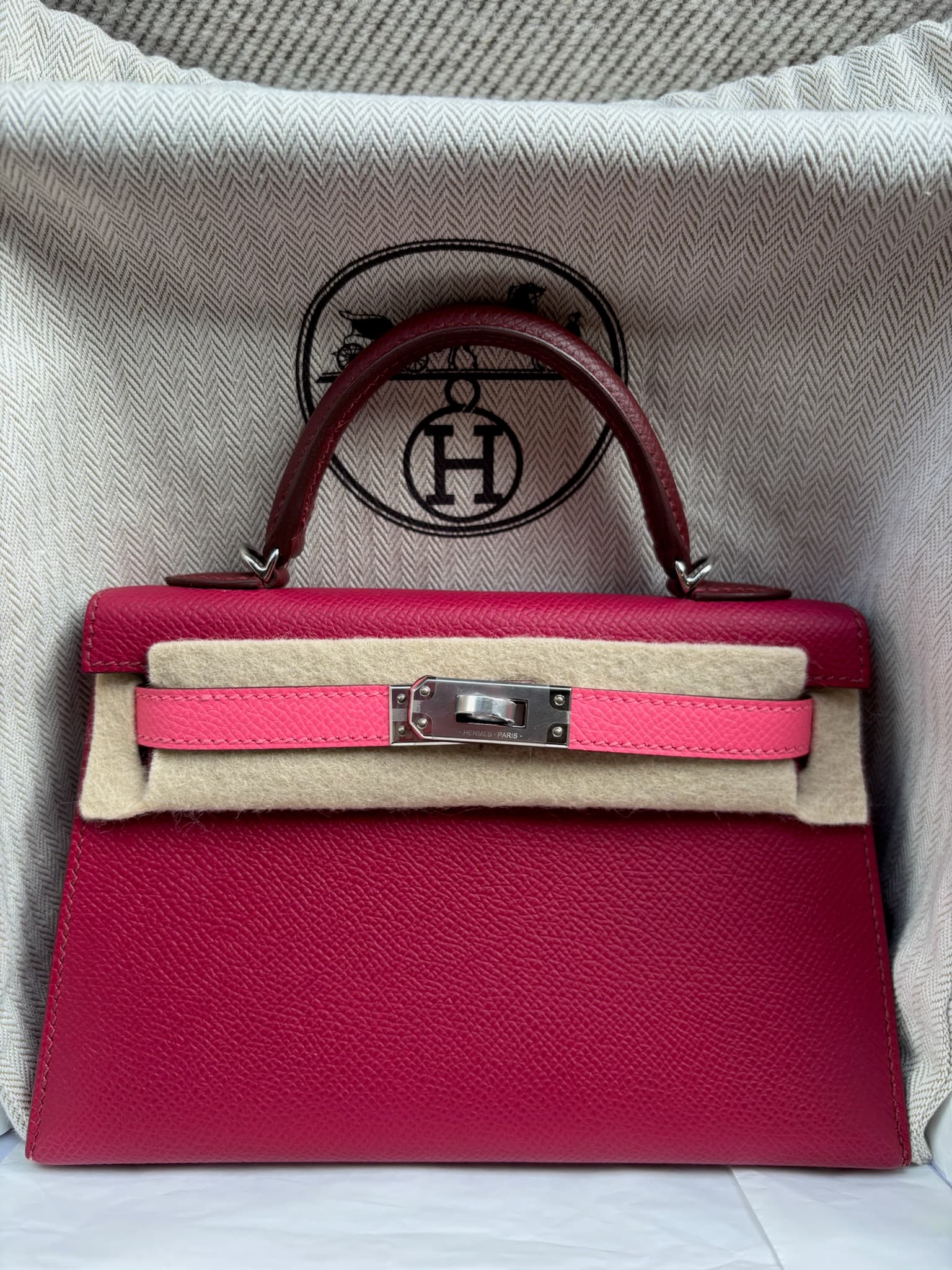 Hermès Mini Kelly 20 in Rubis / Rose Azalée / Rouge H Epsom Palladium (PHW) hardware — front view