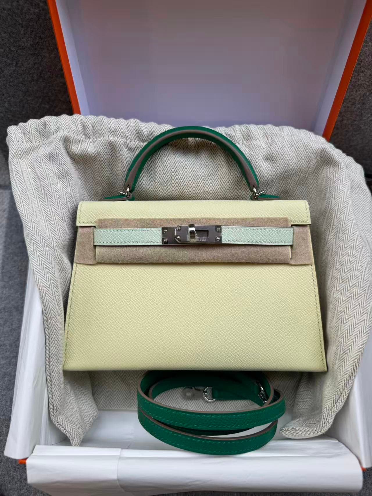 Hermès Mini Kelly in Jaune Milton/Vert Fizz/Vert Vertigo Epsom Palladium (PHW) hardware — front view