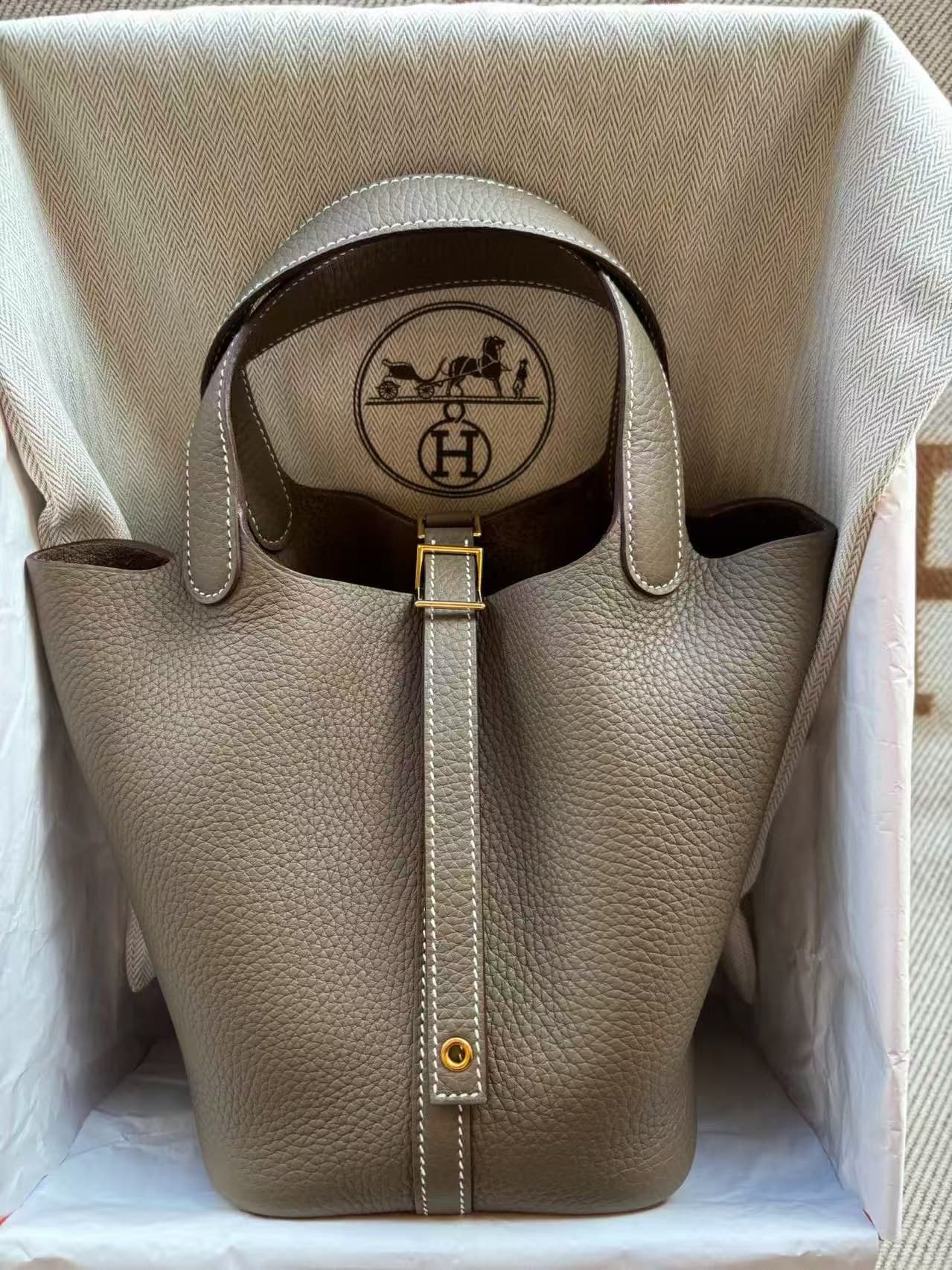 Hermès Picotin 18 in Etoupe Clemence Palladium (PHW) hardware — front view
