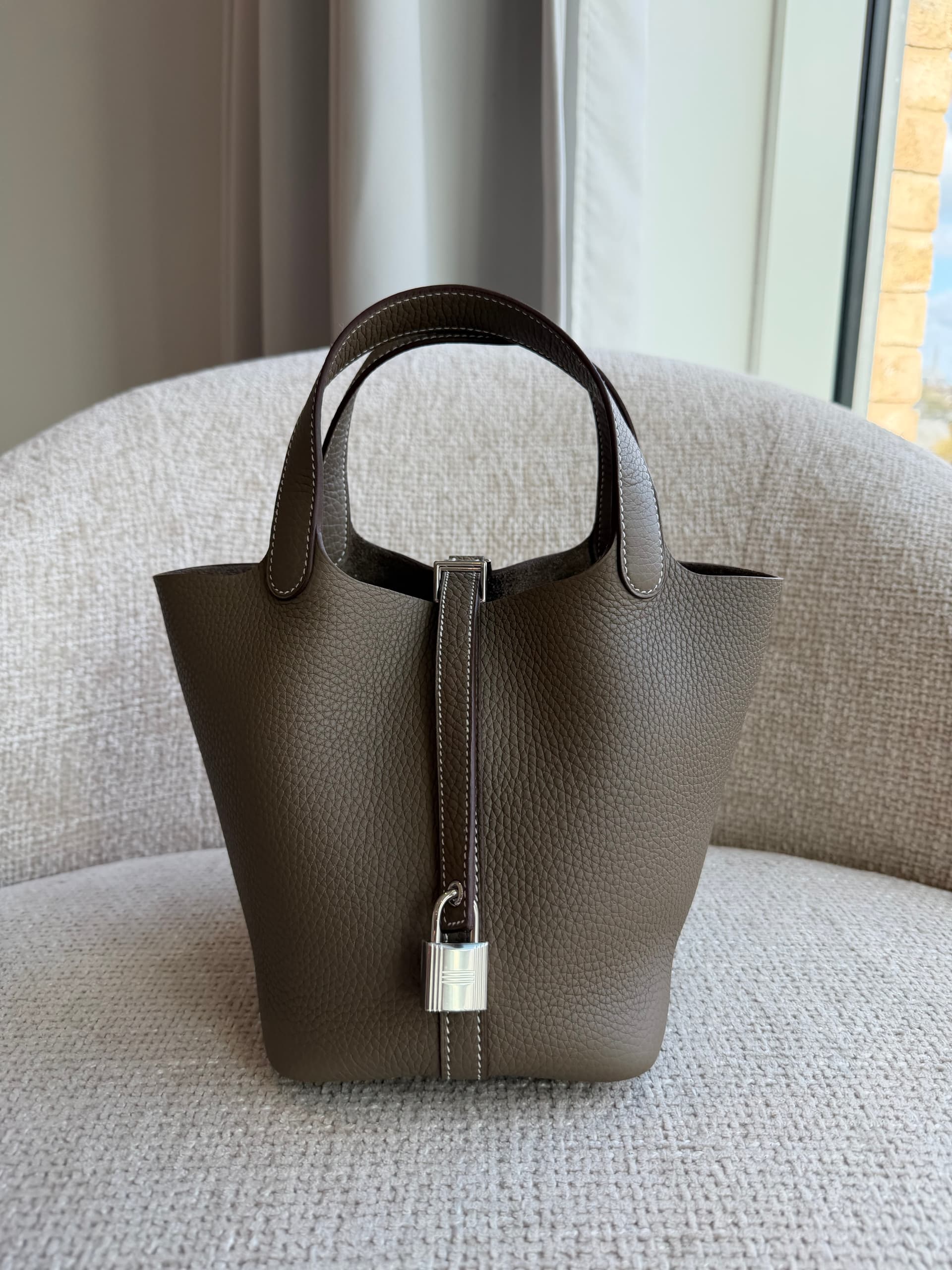 Hermès Picotin 18 in Etoupe Clemence Palladium (PHW) hardware — front view