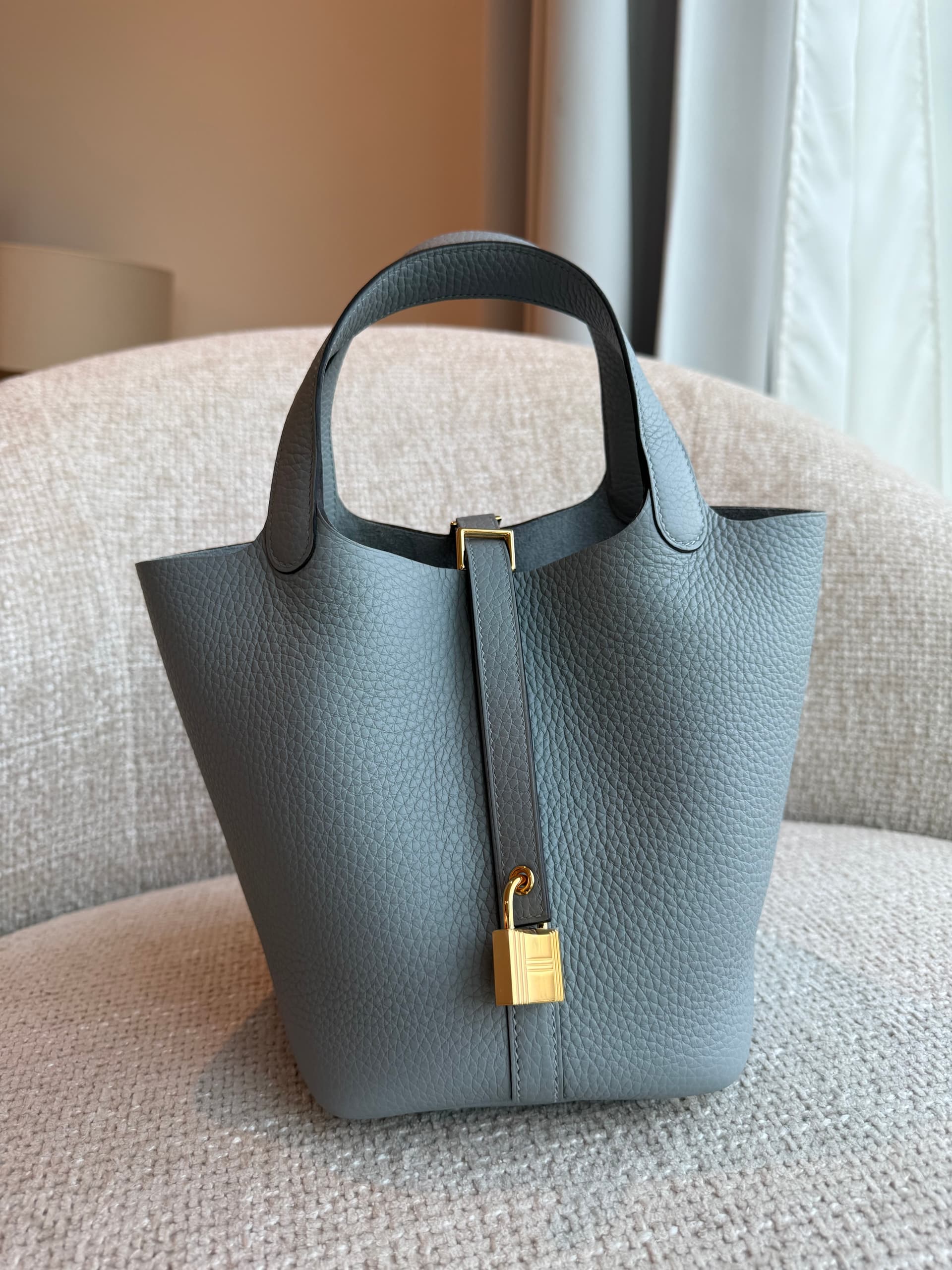 Hermès Picotin 18 in Gris Patin Clemence Gold (GHW) hardware — front view