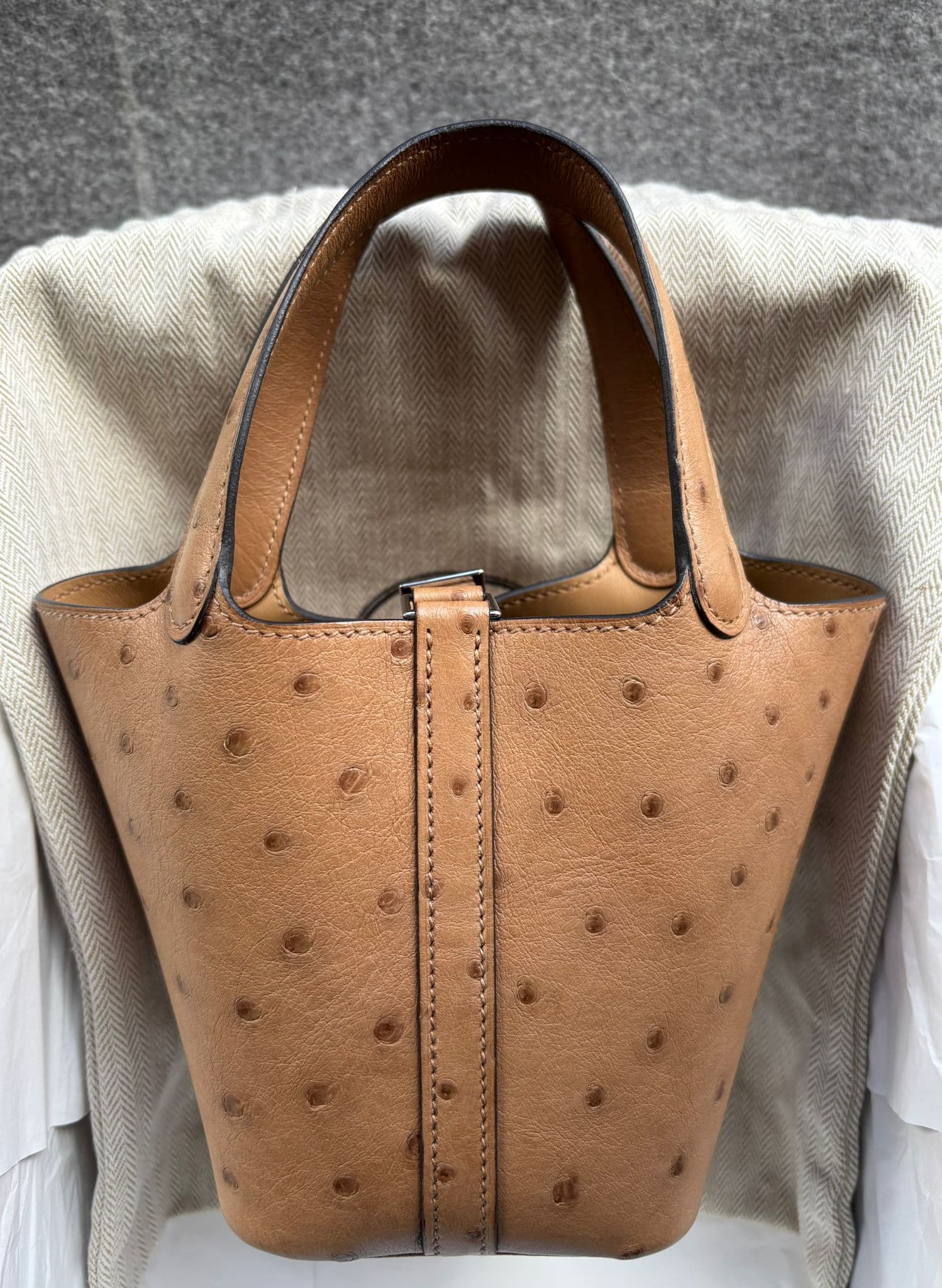Hermès Micro Kelly 14 in Chai Ostrich PHW hardware — front view