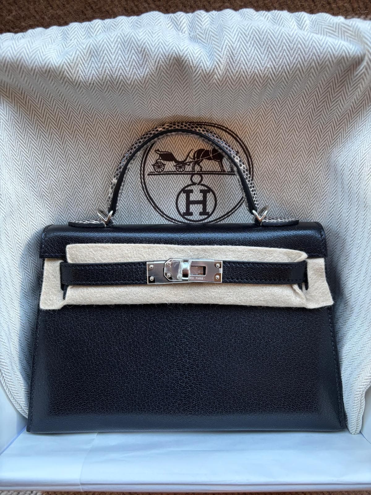 Hermès Mini Kelly Mini in Noir Chèvre/Lizard PHW hardware — front view