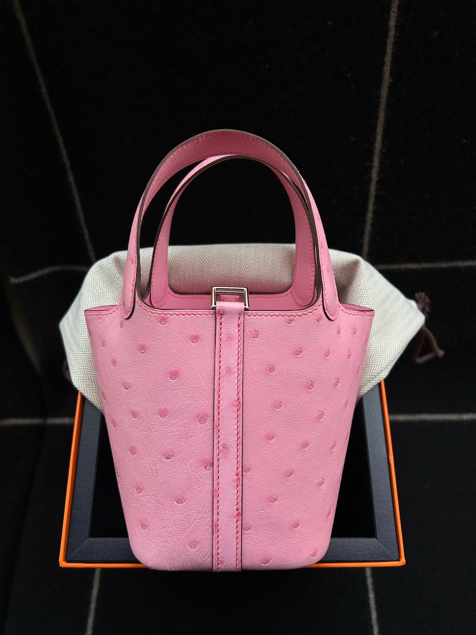 Hermès Picotin Micro 14 in Bubblegum Ostrich PHW hardware — front view
