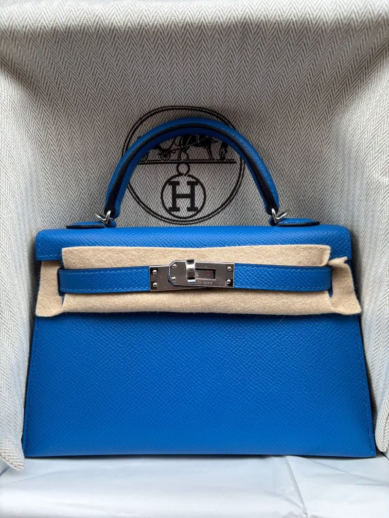 Hermès Mini Kelly in Bleu Zellige Epsom PHW hardware — front view
