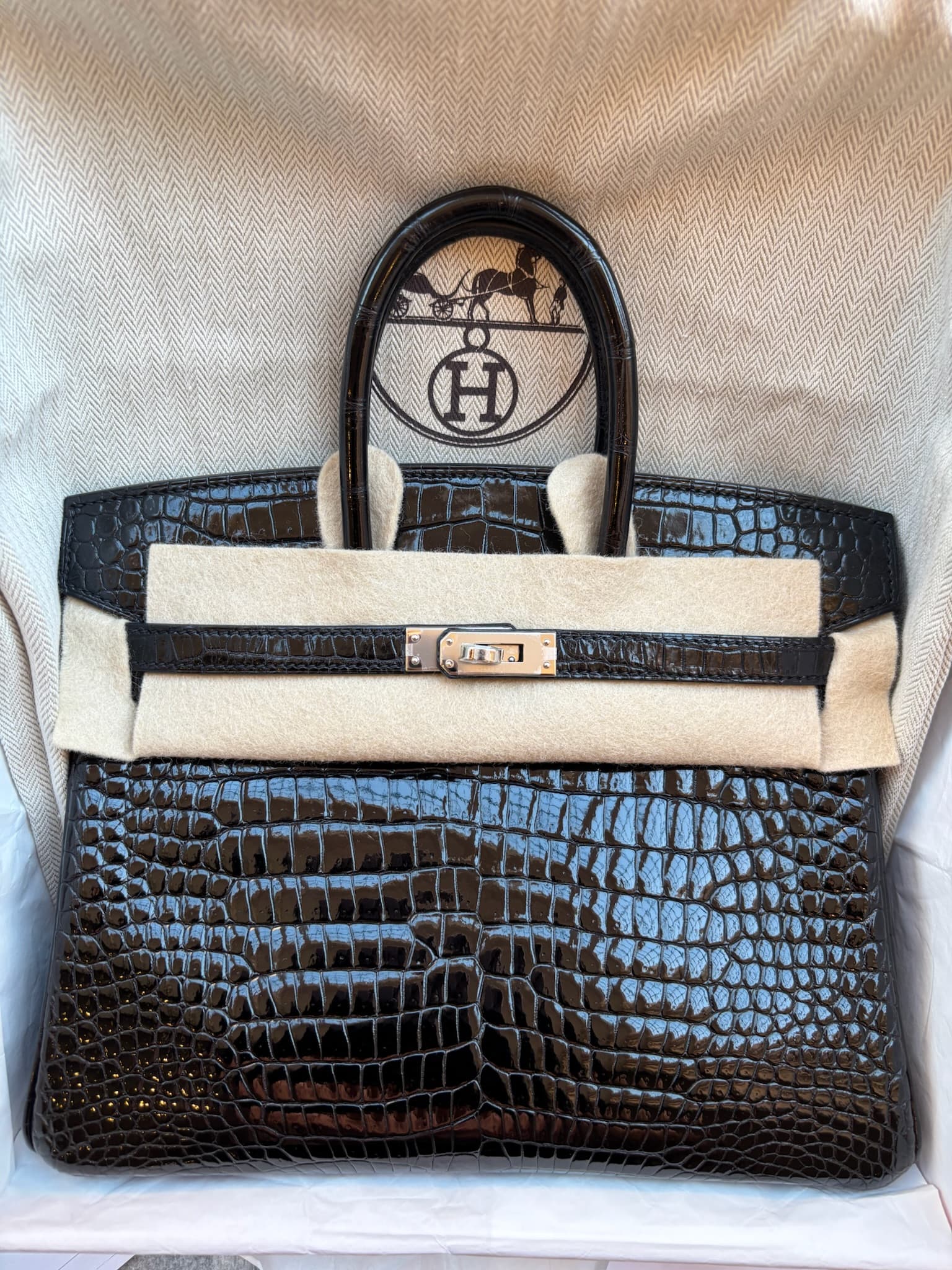 Hermès Birkin 25 in Black Shiny Porosus Crocodile PHW hardware — front view