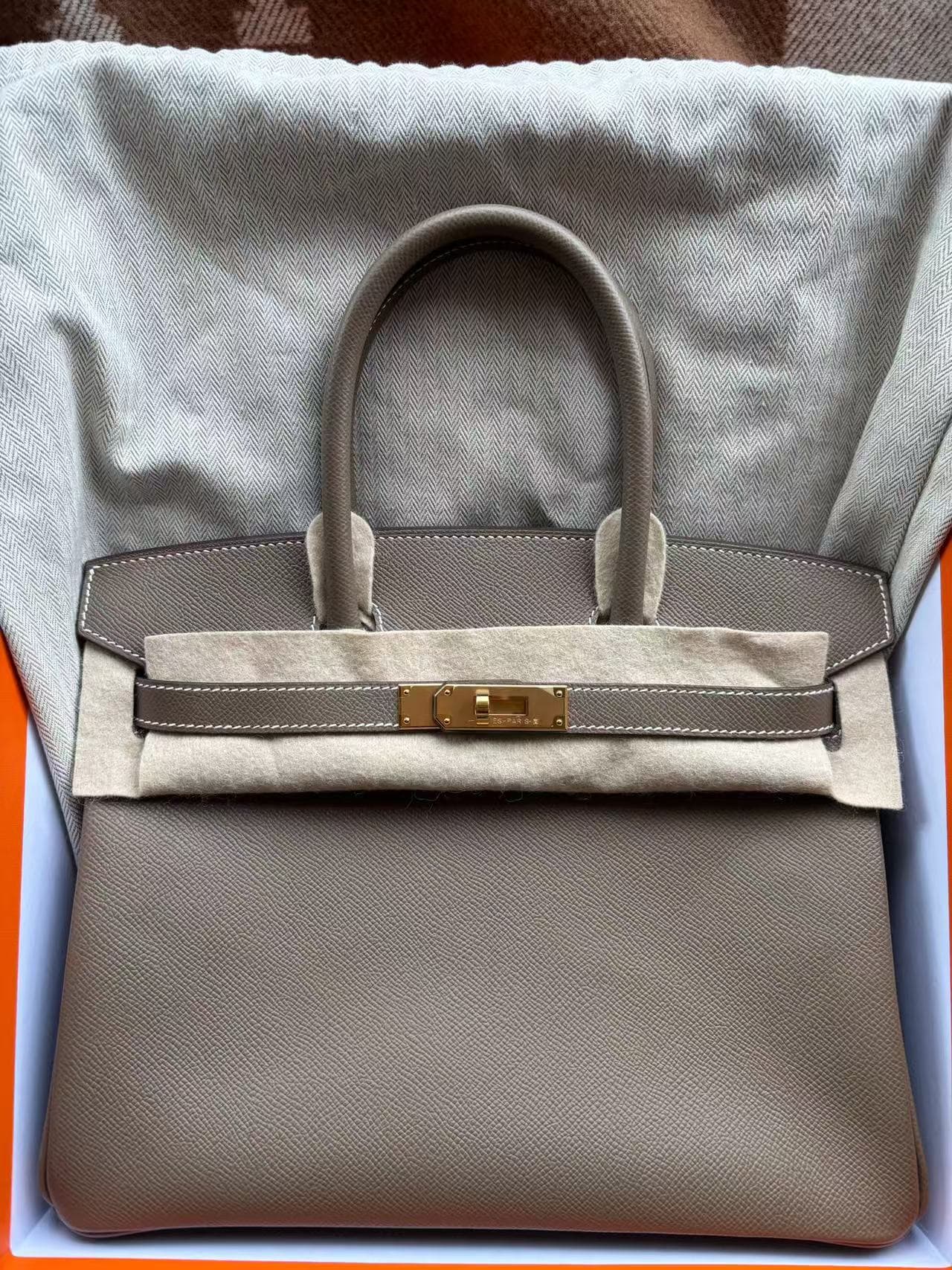 Hermès Birkin 30 in Etoupe Epsom GHW hardware — front view