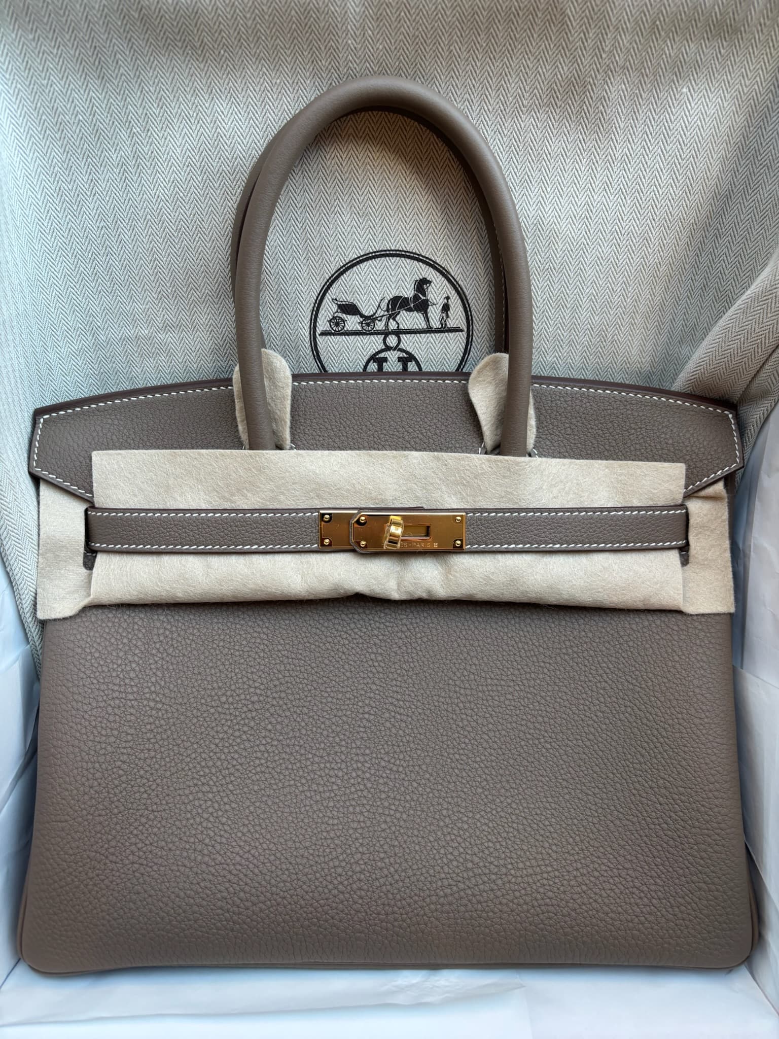 Hermès Birkin 30 in Etoupe Togo GHW hardware — front view